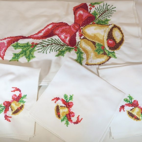 VTG Hand Cross Stitched Tablecloth Christmas Bells Gold Red Green & 8 Napkins